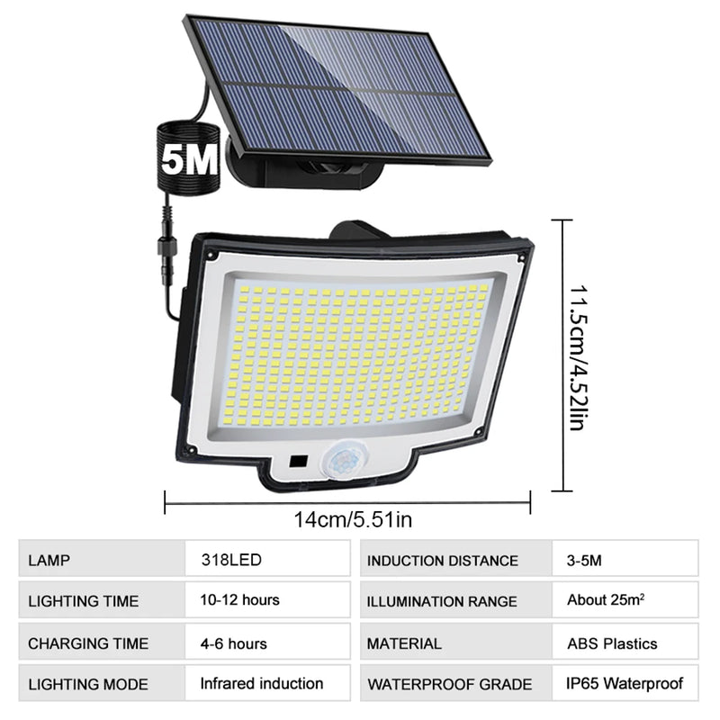 Lâmpada solar com sensor de movimento, luz de segurança exterior, impermeável, LED, holofote poderoso, solar para jardim, garagem, 318LED