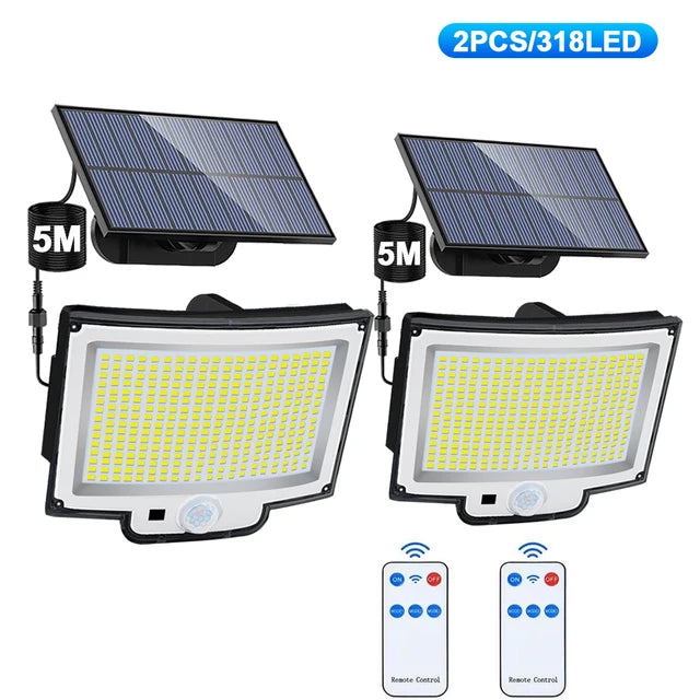 Lâmpada solar com sensor de movimento, luz de segurança exterior, impermeável, LED, holofote poderoso, solar para jardim, garagem, 318LED