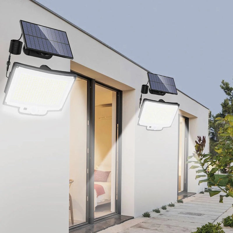 Lâmpada solar com sensor de movimento, luz de segurança exterior, impermeável, LED, holofote poderoso, solar para jardim, garagem, 318LED