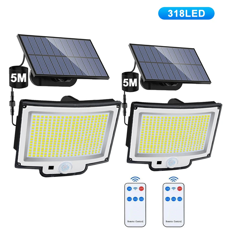 Lâmpada solar com sensor de movimento, luz de segurança exterior, impermeável, LED, holofote poderoso, solar para jardim, garagem, 318LED